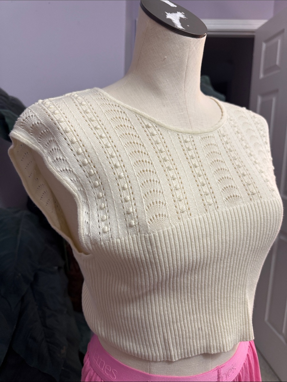 Intimately Free People Ivory Pointelle Cropped Sweater Tank Top Size M